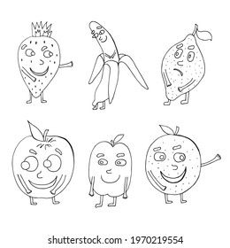 set of cartoon tropical fruit characters in kawaii style, isolated on white background. vector illustration.. Fruits. Healthy eating. Comics. Hand drawn in doodle style. Can be applied for landing