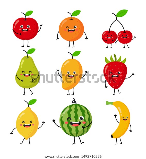 Set Cartoon Tropical Fruit Characters Kawaii Stock Vector (Royalty Free ...