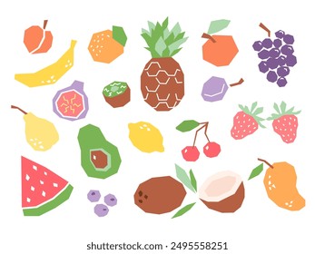 Set of cartoon tropical fruits isolated on white. Geometric fruits collection elements for logo, print, design.