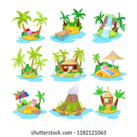 Set of cartoon tropical islands, tropical hotels in ocean with palm trees, bungalow, volcano, waterfall. Summer landscape of nature, for relaxation, travel. Landscape of island. Vector illustration.