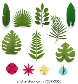 Set of cartoon tropical leafs and flowers in paper cut trendy craft style. Modern design for advertising, branding greeting card, cover, poster, banner. Vector illustration.