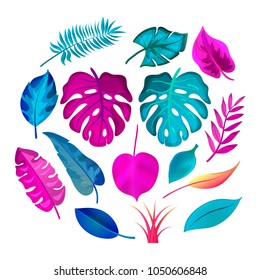 Set of cartoon Tropical Palm Leaves, branches and grass isolated on a white background. Vibrant colors Exotic design elements. Vector illustration