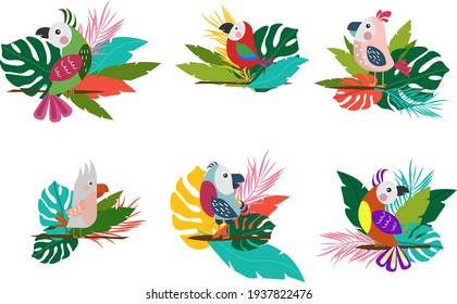 Set with cartoon tropical parrots. Birds sit on a branch with leaves. Vector illustration for decoration, postcards, brochures, flyers and invitations, logos and icons.