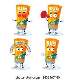 set of cartoon tube of sunscreen cream character mascot on white background