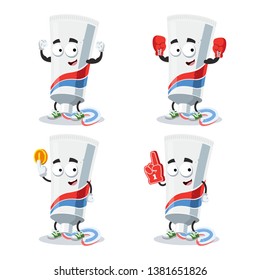set of cartoon tube of toothpaste with squeezed striped dentifrice character mascot on white background