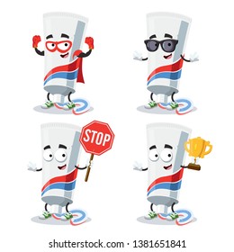 set of cartoon tube of toothpaste with squeezed striped dentifrice character mascot on white background