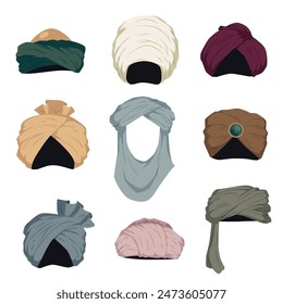 Set of cartoon turban illustrations showcasing various traditional headscarves from Indian and Arabic cultures. Vector collection on white background includes male and female fashion.