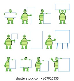 Set of cartoon turtle characters posing with various blank banners. Funny turtle holding paper, poster, placard, pointing to whiteboard. Teach, advertise. Flat style vector illustration