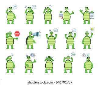 Set of cartoon turtle characters showing diverse actions, emotions. Funny turtle talking on phone, angry, surprised, crying, holding loudspeaker and doing other actions. Simple vector illustration