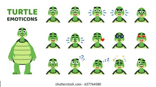 Set of cartoon turtle emoticons. Funny turtle avatars showing various facial expressions. Happy, sad, laugh, cry, angry, sleepy, dazed, serious and other emotions. Flat style vector illustration