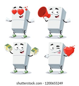 set of cartoon two compartment refrigerator character mascot on white background