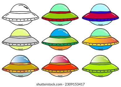 Set Cartoon UFO alien plane. ufo, alien, illustration, vector.