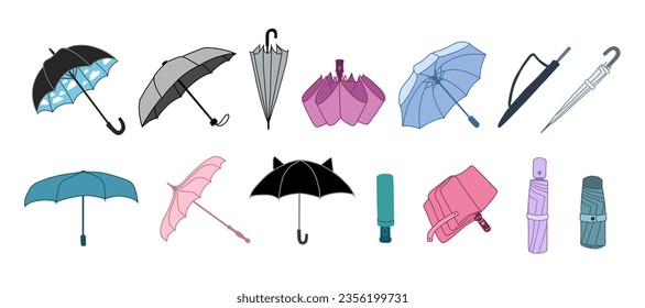 Set cartoon umbrellas. Open, close and folded umbrella. Vector illustrations on transparent background