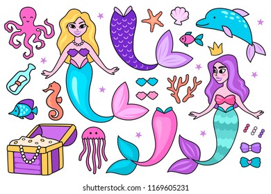 set of cartoon underwater characters. mermaid, dolphin, starfish, fish. treasure chest. vector illustration. Mermaid's tail. 