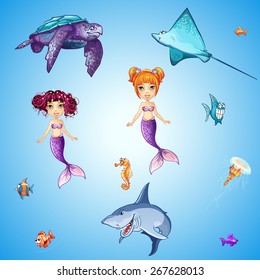 Set of cartoon underwater inhabitants, mermaids, fish, skulls and other