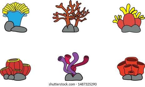 Set of cartoon underwater plants and creatures. Vector isolated corals and algae.