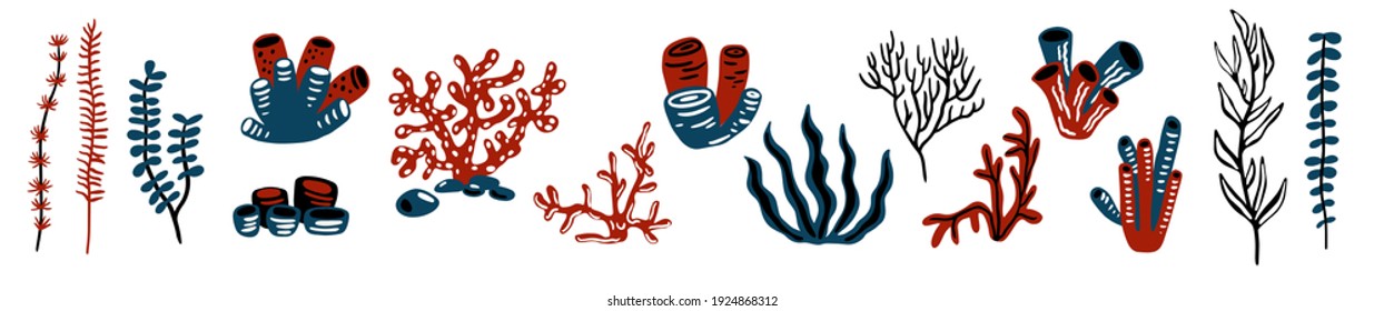A set of cartoon underwater plants and creatures. Vector of isolated marine corals and algae. blue, black. Hand drawing