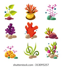 Set of cartoon underwater plants and creatures. Vector isolated corals and algae.