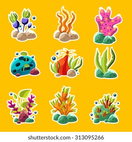 Set of cartoon underwater plants and creatures. Vector isolated corals and algae.