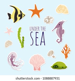 Set of cartoon underwater stickers. Fishes, water animals and plants. Isolated vector illustrations.