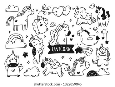 set of cartoon unicorn doodle with other cute object