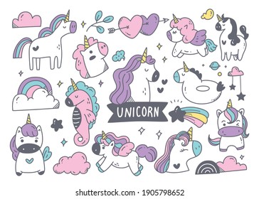 set of cartoon unicorn doodle with other cute object vector illustration