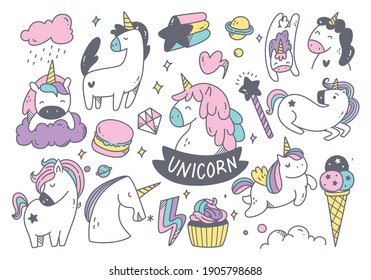 set of cartoon unicorn doodle with other cute object vector illustration