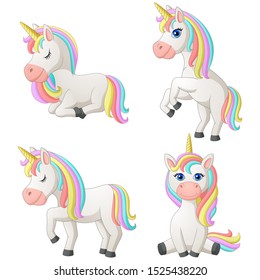 Set of Cartoon Unicorn. Vector Illustration