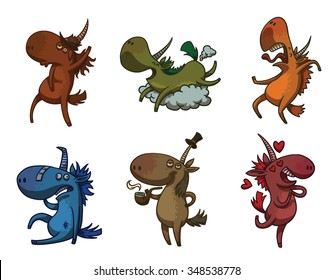 Set of cartoon unicorns having fun at a party. One dancing, one screaming, one has a hangover, etc. vector illustration