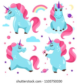  set of cartoon unicorns. vector illustration