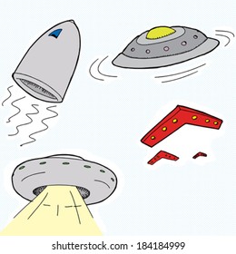 Set of cartoon unidentified flying objects and spaceships