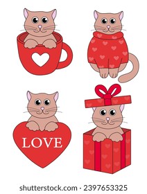 Set of cartoon Valentine day Cat characters. Cute Kittens in cup and in gift box, sweater, On Heart with love. Vector flat illustration.