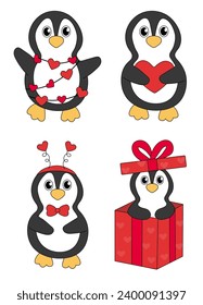 Set of cartoon Valentine day Penguin characters. Cute Penguins in gift box, garland, Headband and with heart. Vector flat illustration.