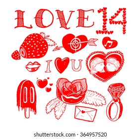 set of cartoon valentine doodle in various pose isolated on white background
