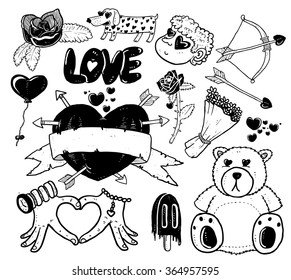 set of cartoon valentine doodle in various pose isolated on white background