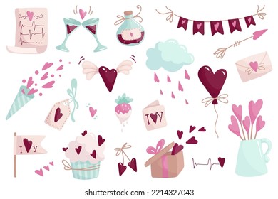 Set of cartoon valentines, attributes for Valentine's Day.Vector graphics.