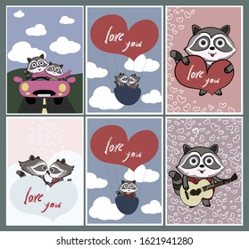 Set of cartoon valentines day greeting cards with raccoons