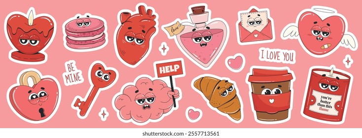 Set of cartoon Valentine's Day stickers. Cute heart, love potion, candle, macaroon, love letter, key, lock, cup of coffee. Trendy retro groovy elements for cards, posters, banners.