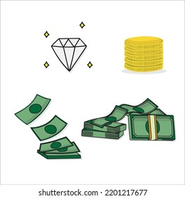 Set of cartoon valuables flat style in vector illustration design. Consist of Winner's trophy, Vintage diamond, Stack of banknotes and golden coins.