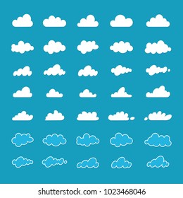Set of cartoon variety of clouds isolated on blue sky background, Cloudscape. A collection of vector icons, illustrations, drawings. Web design