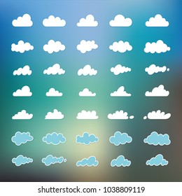 Set of cartoon variety of clouds isolated on blue sky background, Cloudscape. A collection of vector icons, illustrations, drawings. Web design