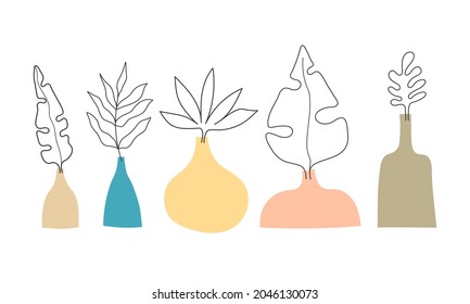 Set with cartoon vase, leaf. Abstract figures. Colorful flat vector illustration, hand drawing. design for prints, posters, cards