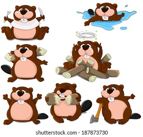 Set of cartoon vector beavers