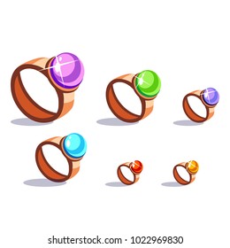 Set of cartoon vector bronze rings with stones in different colors for a game