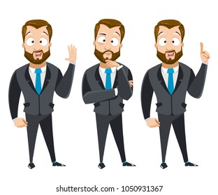 Set of cartoon vector businessman character.  Bearded businessman in different poses. Character greets , thinks and finds a solution. Vector illustration in cartoon style