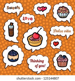 Set of cartoon vector cupcake. Frame for text. Sweets and love. Candy valentine's stickers. Set of design elements.