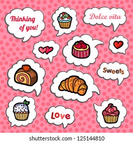 Set of cartoon vector cupcake. Frame for text. Sweets and love. Candy valentine's stickers. Set of design elements.
