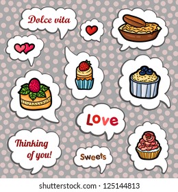 Set of cartoon vector cupcake. Frame for text. Sweets and love. Candy valentine's stickers. Set of design elements.