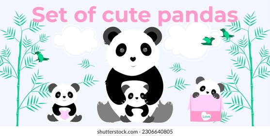 Juego de dibujos animados lindo pandas.Animales cortos para la habitación de los niños, ropa de los niños, películas infantiles 