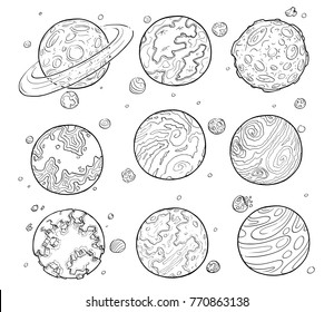 Set of cartoon vector doodle drawing illustration of alien planets and moons.